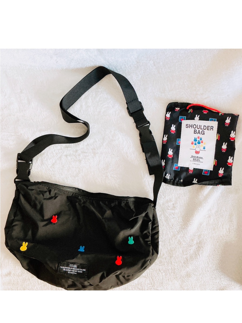 NWOT fabric Soleil Miffy light weight crossbody bag / purse storage pouch black